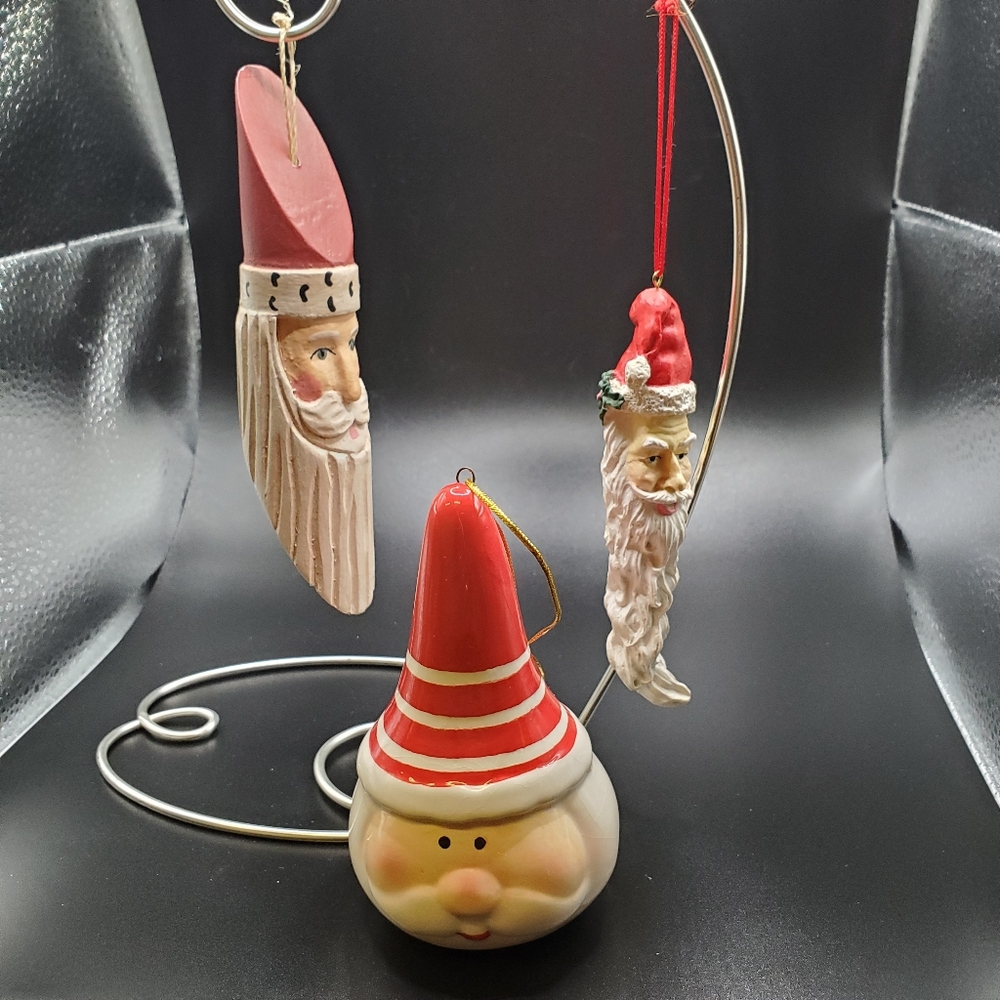 Lot of three 1980s Santa Ornaments. EUC